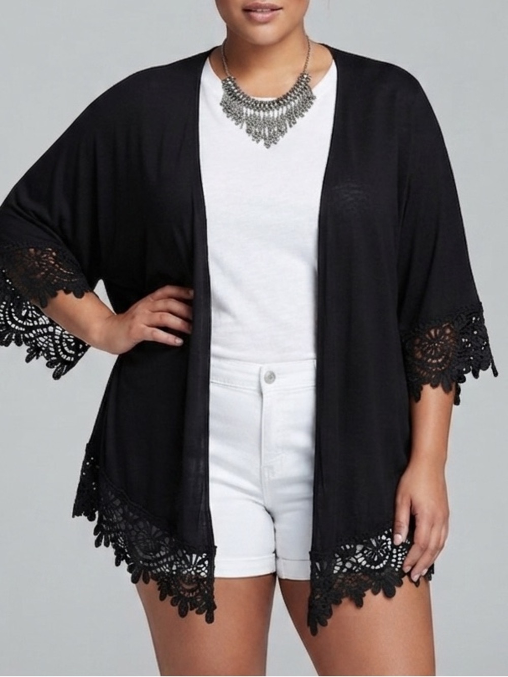 STELLA & DOT BEACH Black Cover Up OPEN Cardigan with Black Lace Appliqués 1-2X